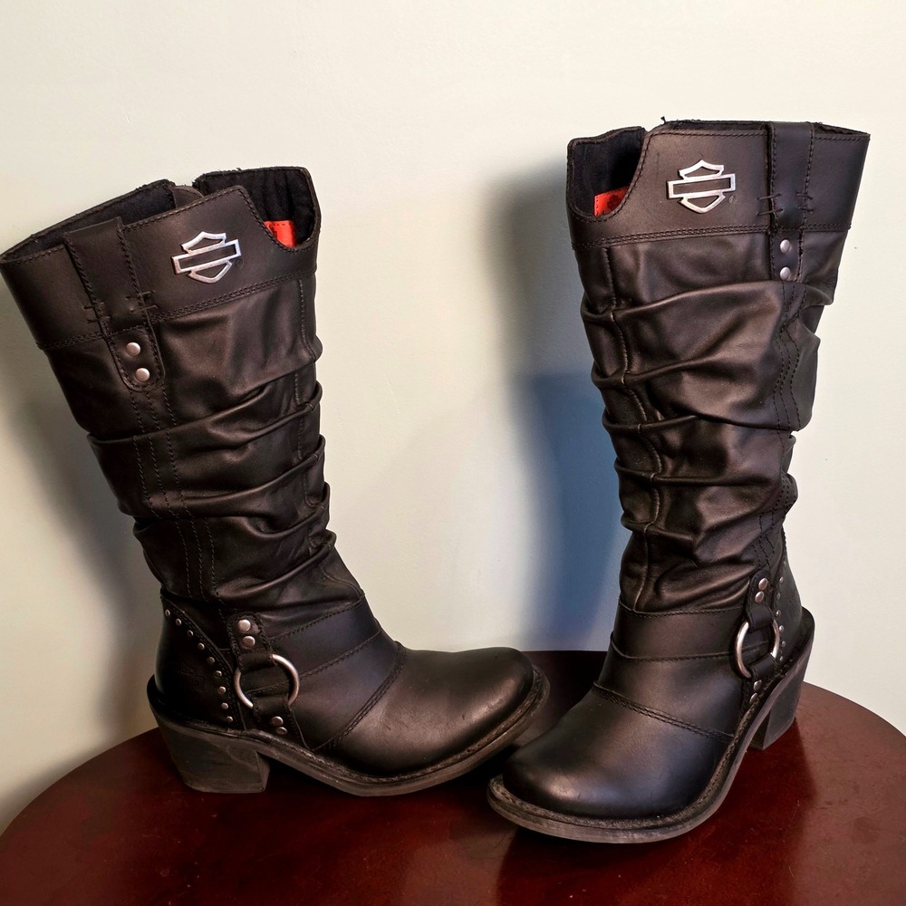 Harley-Davidson Womens Black Leather Slouch Harness Boots D83562 Size 7M